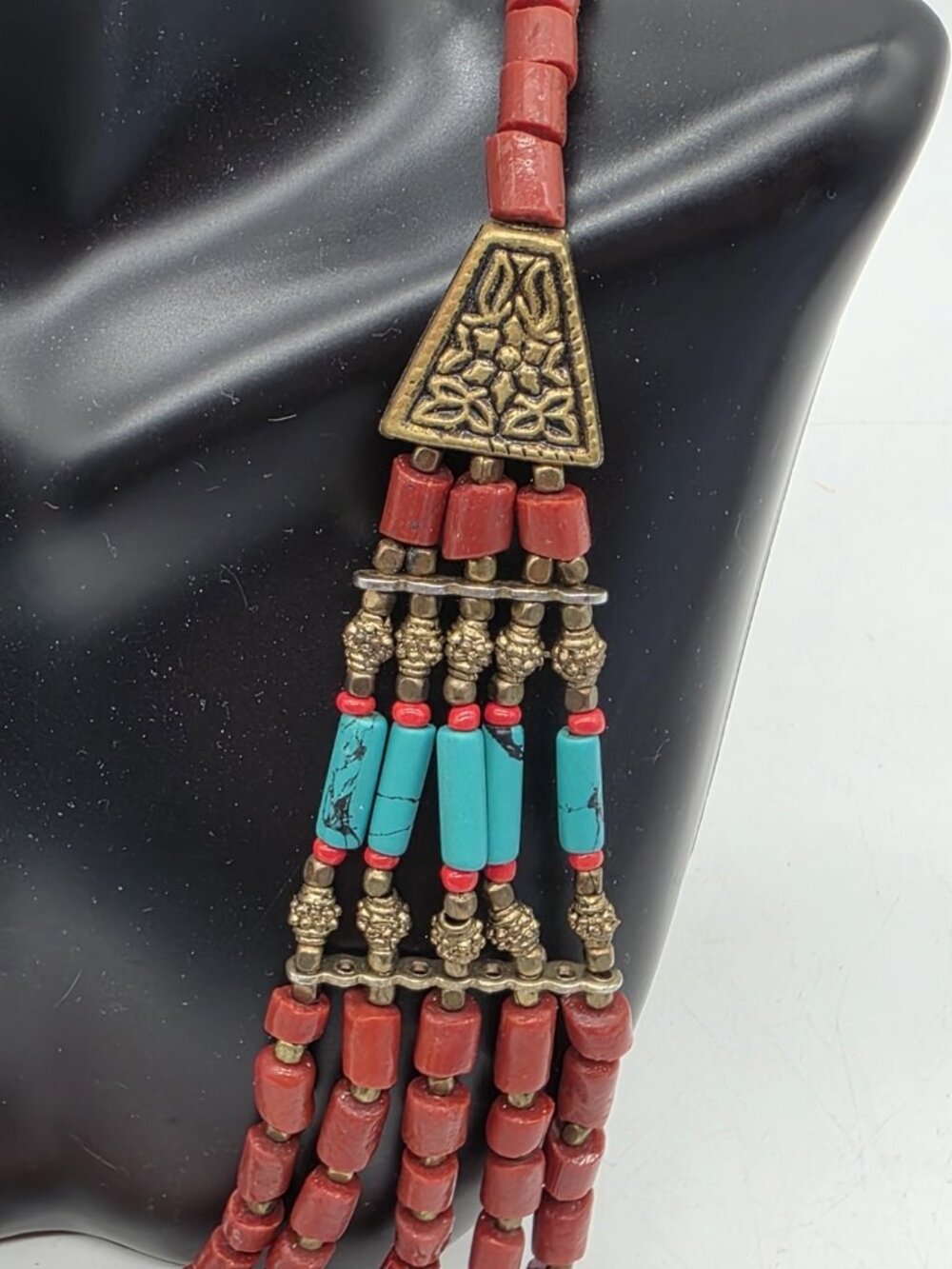 Tibetan Jewelry Multi-Strand Necklace Statement Boho Faux Turquoise & Coral - Picture 10 of 10